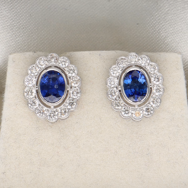 18ct White Gold Oval Sapphire & Diamond Halo Cluster Earrings
