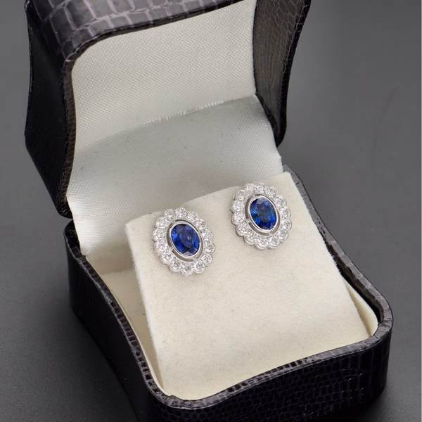 18ct White Gold Oval Sapphire & Diamond Halo Cluster Earrings