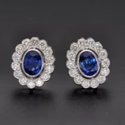 18ct White Gold Oval Sapphire & Diamond Halo Cluster Earrings