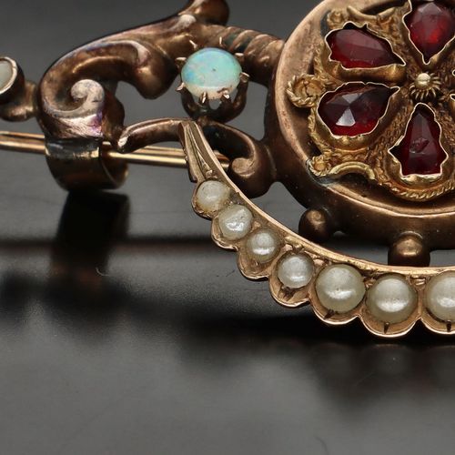 Victorian 14ct Gold Garnet Opal and Seed Pearl Brooch image-3