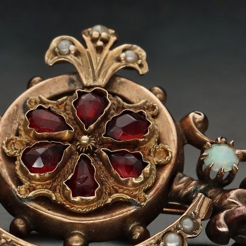 Victorian 14ct Gold Garnet Opal and Seed Pearl Brooch image-4