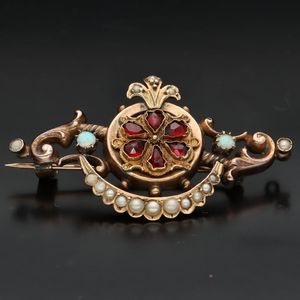 Victorian 14ct Gold Garnet Opal and Seed Pearl Brooch