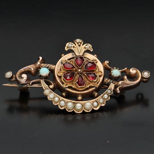Victorian 14ct Gold Garnet Opal and Seed Pearl Brooch image-1