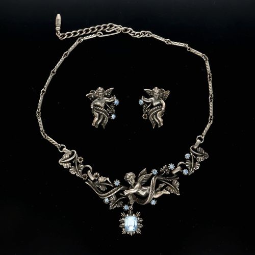 Rare Coro Cupid Statement Necklace and Clip-on Earring Set image-1