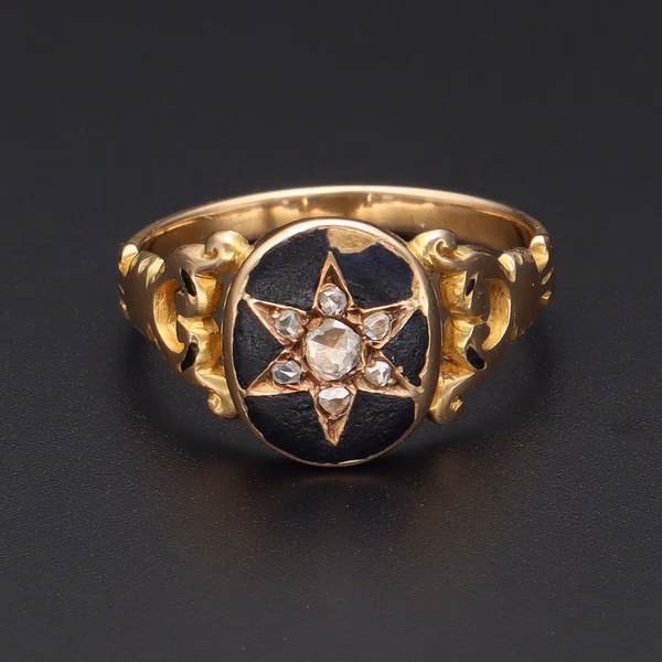 Early Victorian Edwardian 15ct Yellow Gold Diamond Mourning Ring