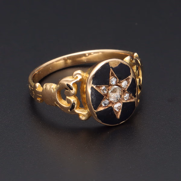 Early Victorian Edwardian 15ct Yellow Gold Diamond Mourning Ring