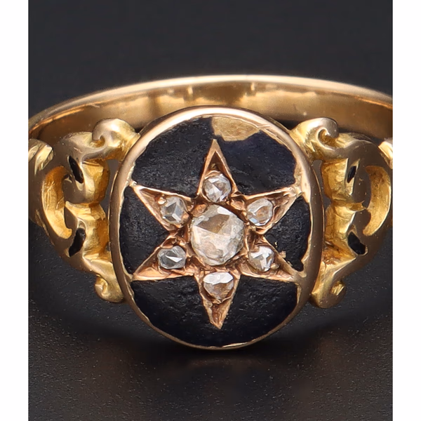 Early Victorian Edwardian 15ct Yellow Gold Diamond Mourning Ring