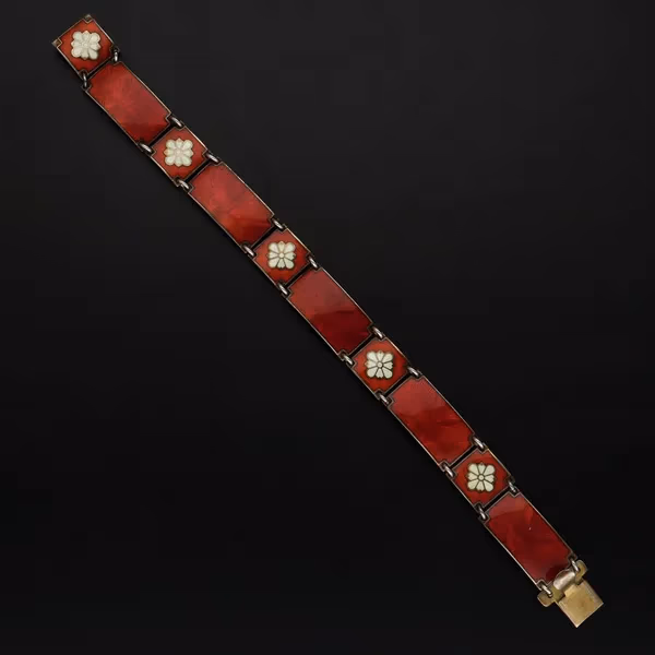 Rare Vermeil Silver and Red Guilloche Enamel Bracelet by Gustav Hellstrom