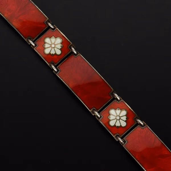 Rare Vermeil Silver and Red Guilloche Enamel Bracelet by Gustav Hellstrom