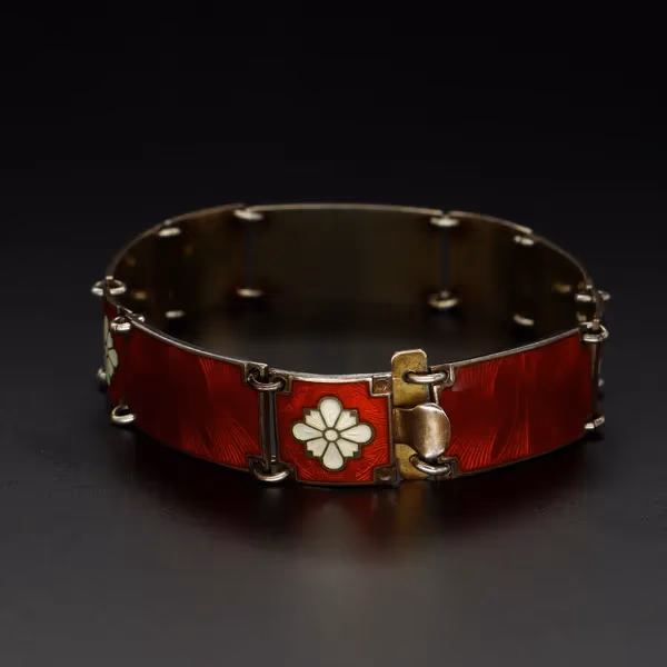 Rare Vermeil Silver and Red Guilloche Enamel Bracelet by Gustav Hellstrom