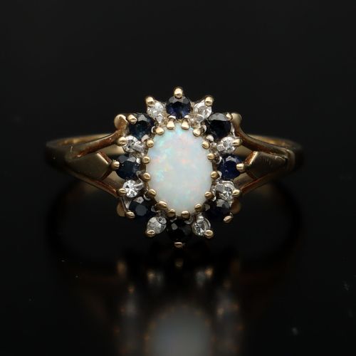 9ct Gold Opal Diamond and Sapphire Ring image-2