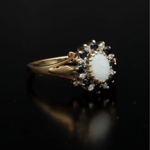 9ct Gold Opal Diamond and Sapphire Ring