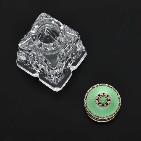 Mid Century Crystal Silver and Enamel Salt and Pepper Pots