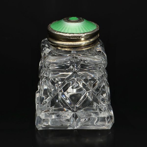 Mid Century Crystal Silver and Enamel Salt and Pepper Pots