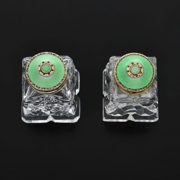 Mid Century Crystal Silver and Enamel Salt and Pepper Pots