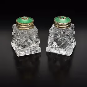 Mid Century Crystal Silver and Enamel Salt and Pepper Pots