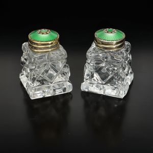 Mid Century Crystal Silver and Enamel Salt and Pepper Pots