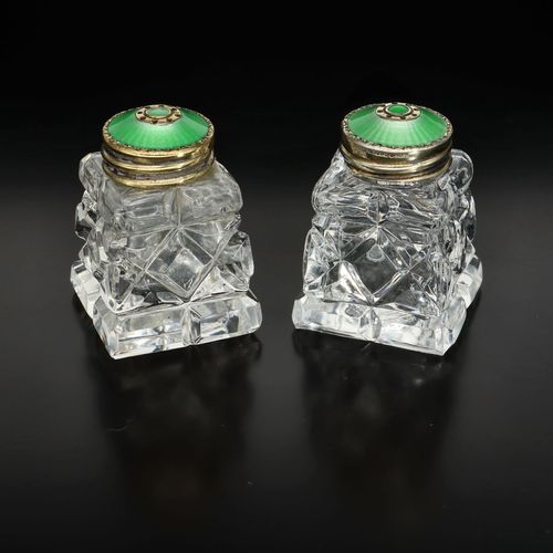 Mid Century Crystal Silver and Enamel Salt and Pepper Pots image-1