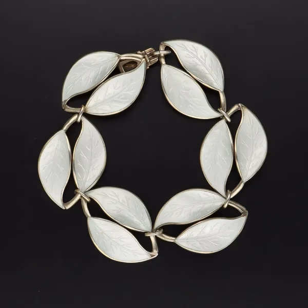 David Andersen Vintage Norwegian Vermeil Silver & White Enamel Double Leaf Bracelet