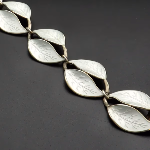 David Andersen Vintage Norwegian Vermeil Silver & White Enamel Double Leaf Bracelet