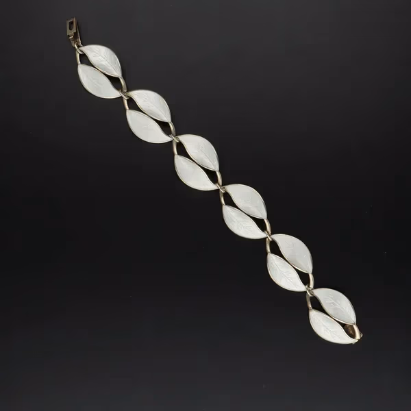 David Andersen Vintage Norwegian Vermeil Silver & White Enamel Double Leaf Bracelet