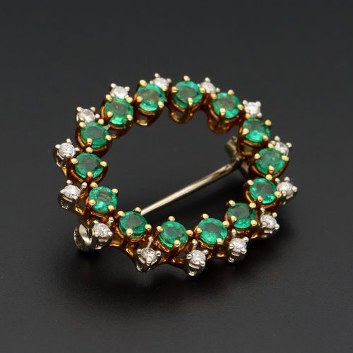 18ct Gold Emerald and Diamond Brooch image-1