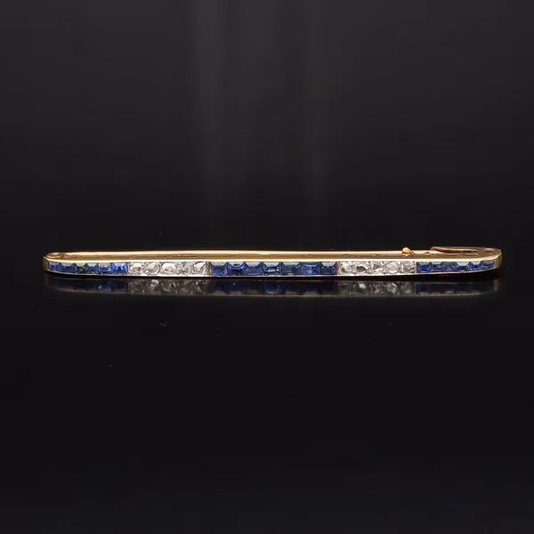 Art Nouveau 18ct Gold and Platinum Diamond and Sapphire Brooch