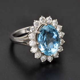 18ct White Gold Large Aquamarine & Diamond Halo Ring