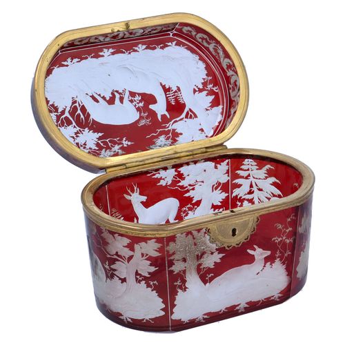 19th Century French Cranberry Glass Box with Wildlife Scenes image-6