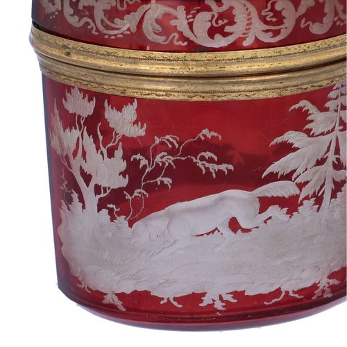 19th Century French Cranberry Glass Box with Wildlife Scenes image-5