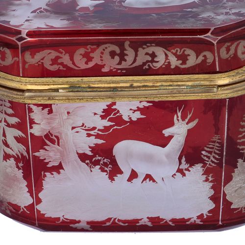 19th Century French Cranberry Glass Box with Wildlife Scenes image-3