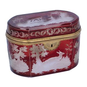 19th Century French Cranberry Glass Box with Wildlife Scenes