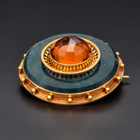 Scottish Bloodstone Citrine and Gold Brooch