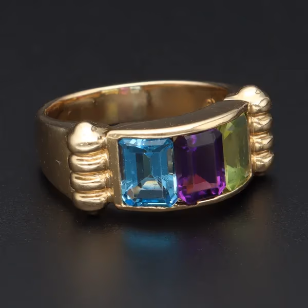 14ct Gold Peridot Amethyst and Blue Topaz Ring