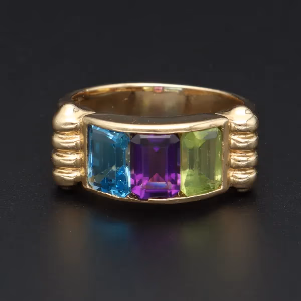 14ct Gold Peridot Amethyst and Blue Topaz Ring