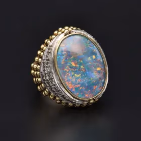 Heavy 18ct Yellow Gold Opal & Diamond Triplet Ring