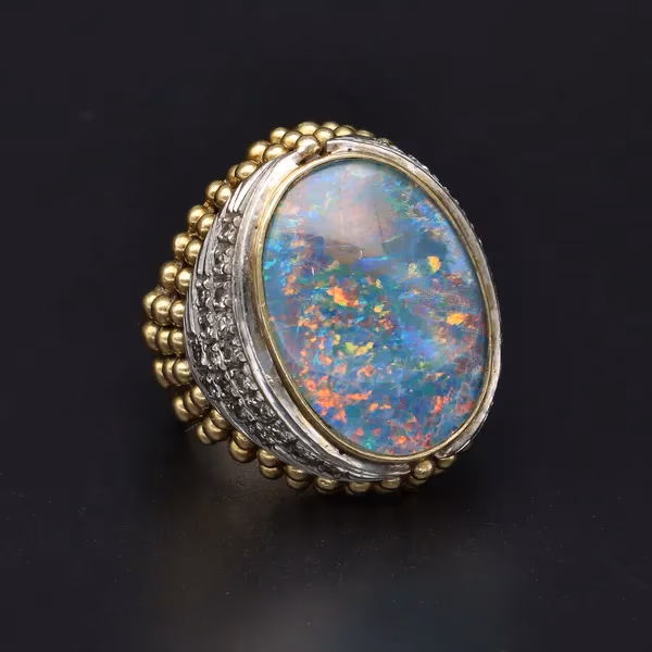 Heavy 18ct Yellow Gold Opal & Diamond Triplet Ring