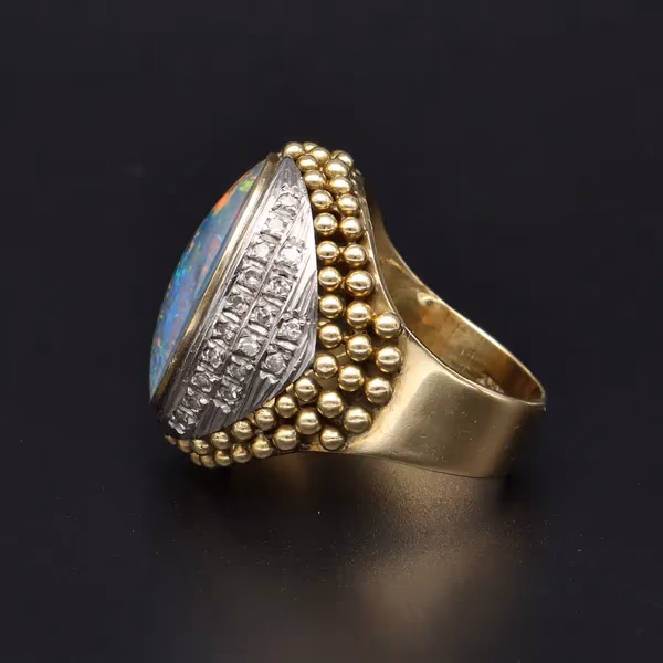 Heavy 18ct Yellow Gold Opal & Diamond Triplet Ring