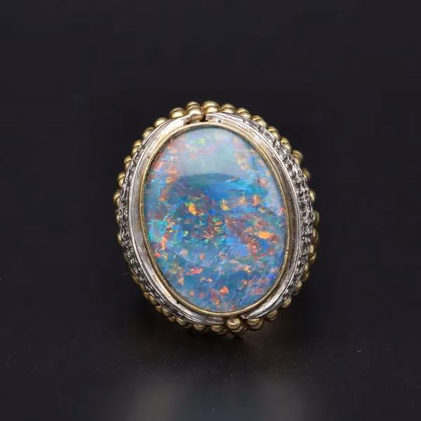 Heavy 18ct Yellow Gold Opal & Diamond Triplet Ring
