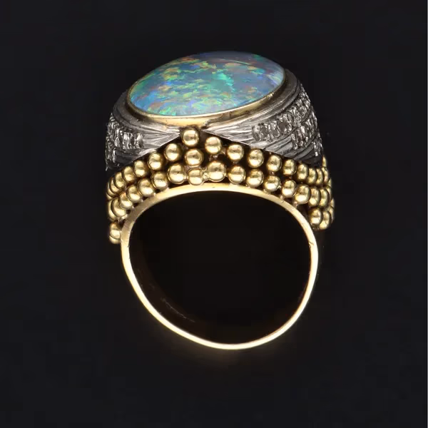 Heavy 18ct Yellow Gold Opal & Diamond Triplet Ring
