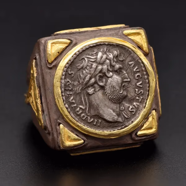 18ct Yellow Gold & Oxidised Silver With Rare Roman Coin Ring
