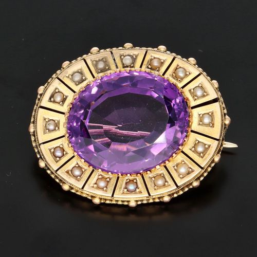 Victorian 18ct Gold Amethyst and Pearls Brooch image-2