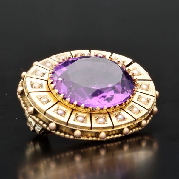Victorian 18ct Gold Amethyst and Pearls Brooch