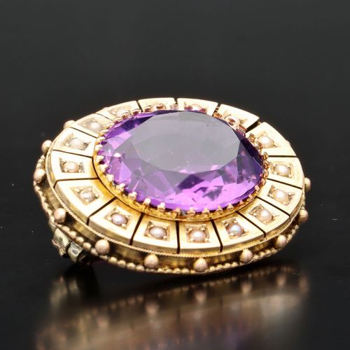 Victorian 18ct Gold Amethyst and Pearls Brooch image-4