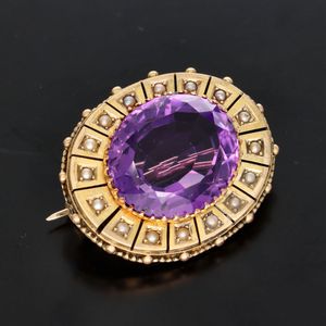 Victorian 18ct Gold Amethyst and Pearls Brooch