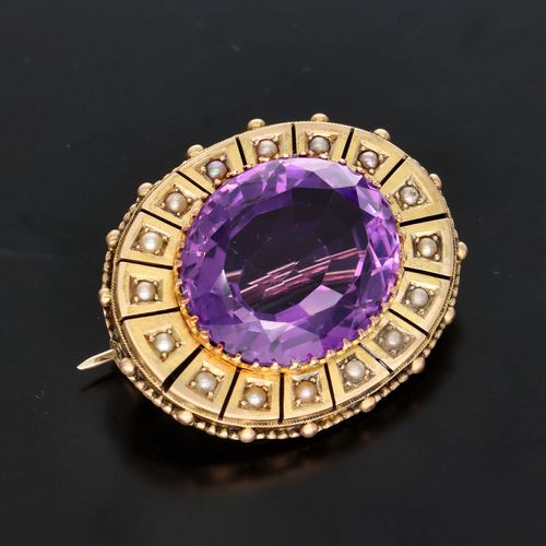 Victorian 18ct Gold Amethyst and Pearls Brooch image-1