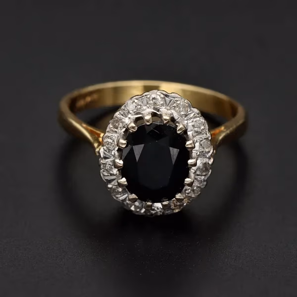 18ct Yellow Gold Natural Sapphire & Diamond Cluster Ring