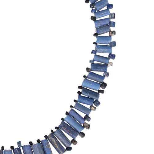 600 - 300BC Egyptian Blue Glass Bead Necklace with Bronze Pendant image-3