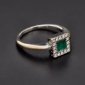 18ct White Gold Emerald & Diamond Halo Ring