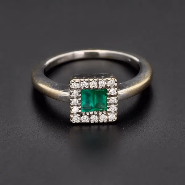 18ct White Gold Emerald & Diamond Halo Ring